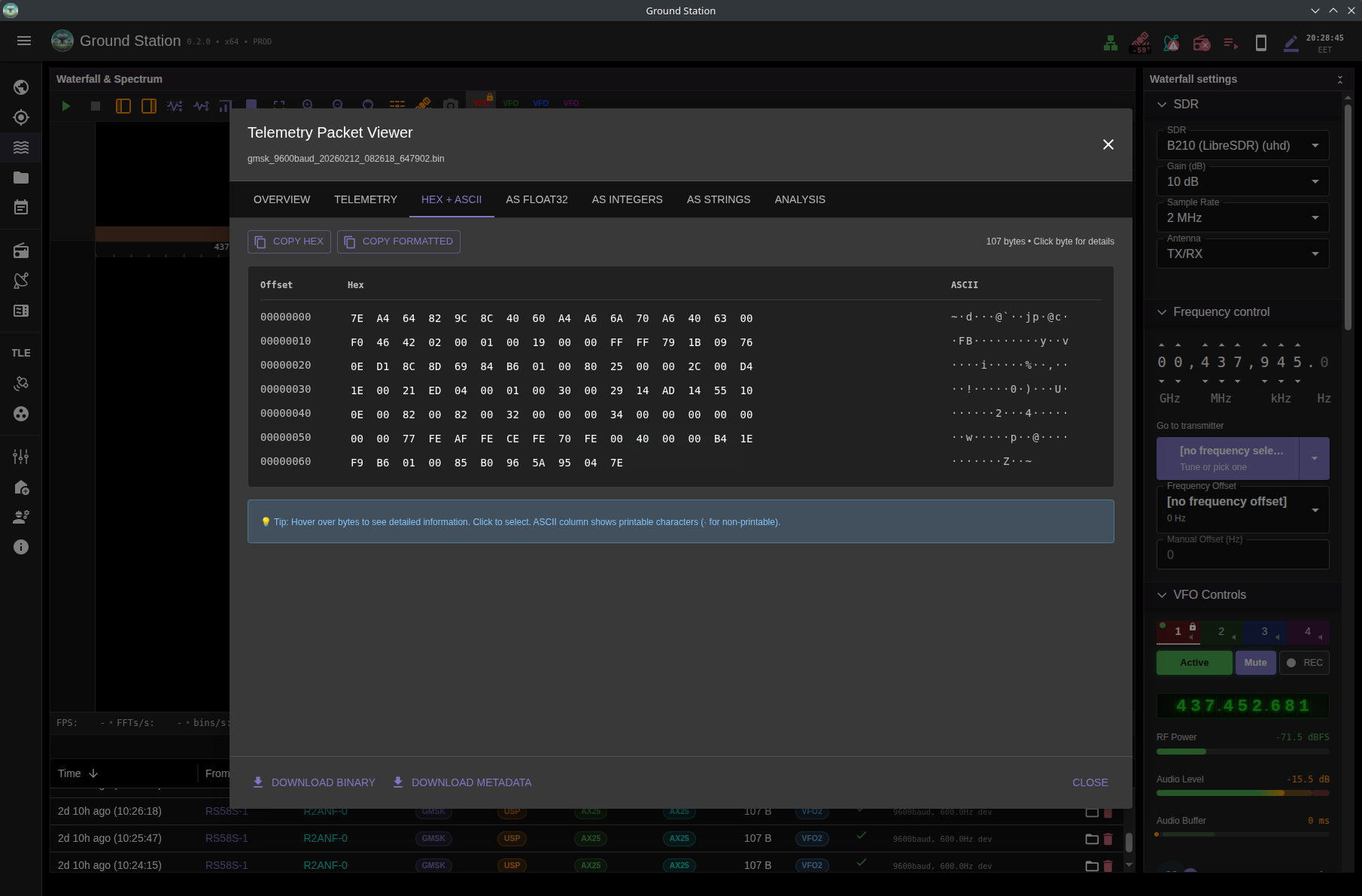 Telemetry packet viewer with hex and ASCII columns